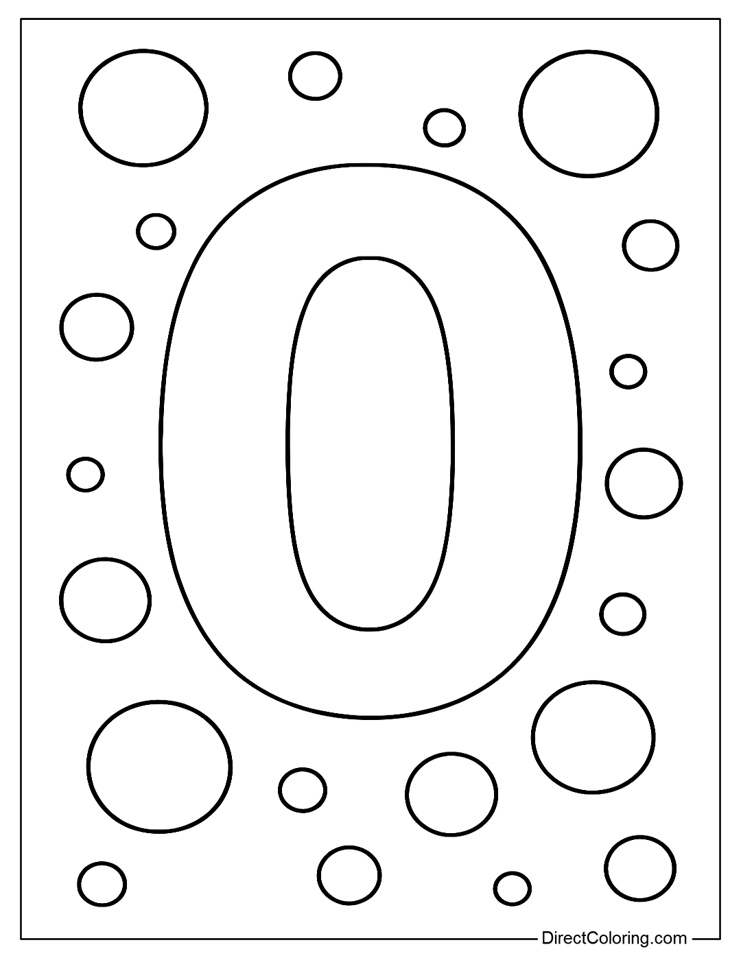 A large number 0 coloring page with round bubbles flying around, creating a playful feeling
